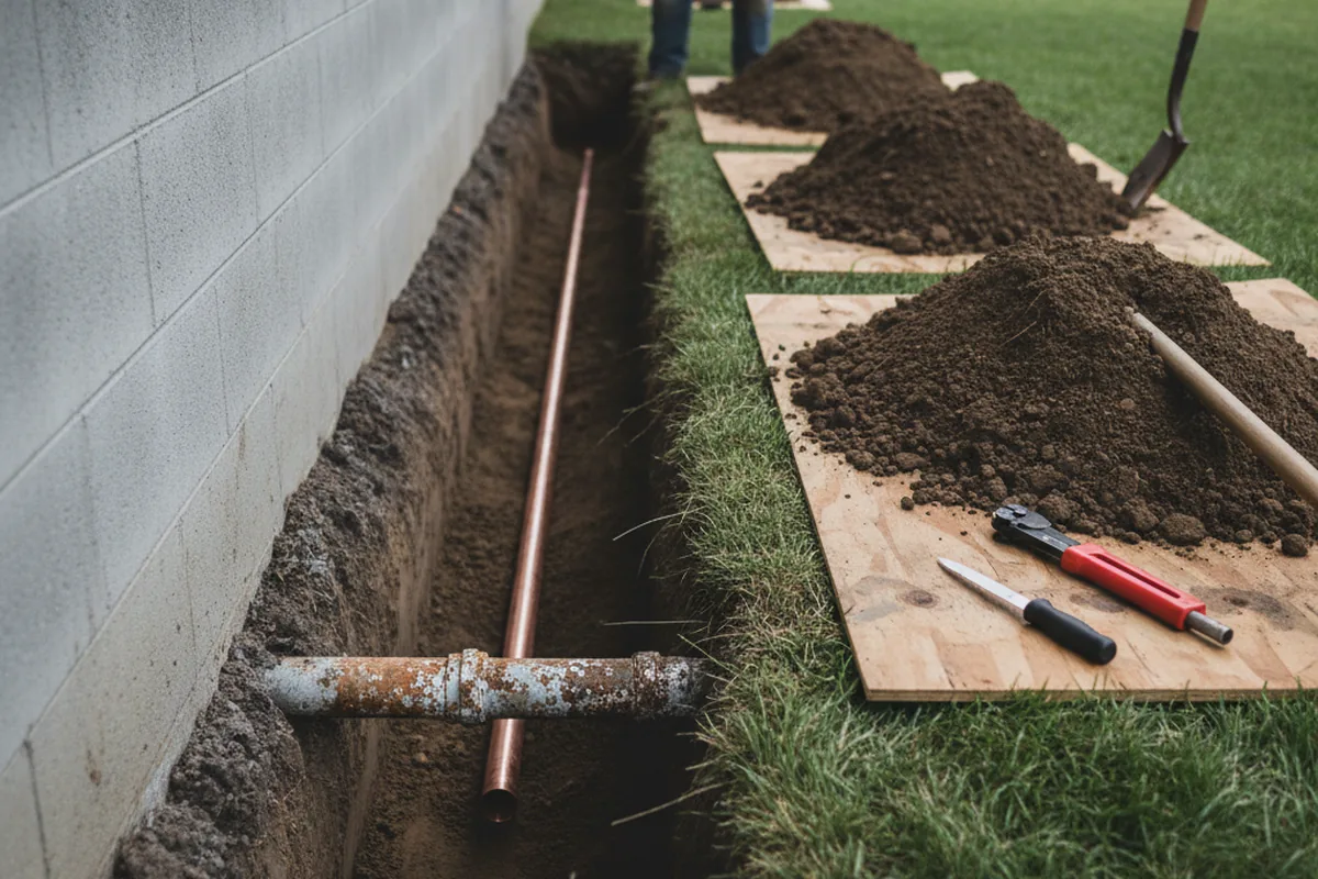 Excavated water line trench during Sewer Line Repair in Palmetto